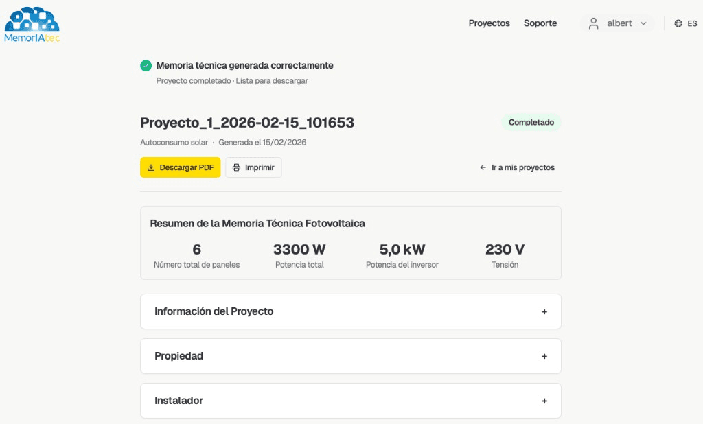 Memoria técnica generada correctamente en la aplicación